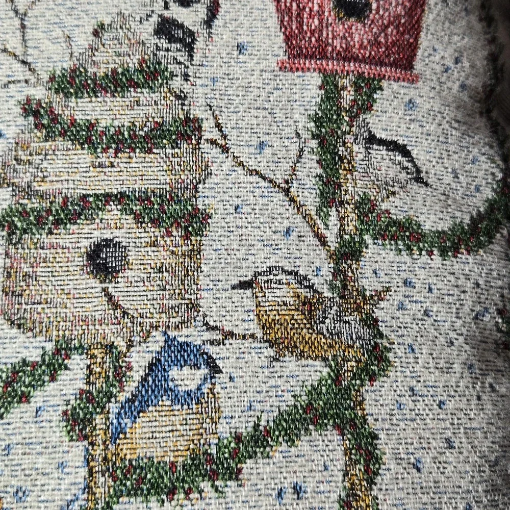Vintage Christmas Cardinal Birdhouse Tapestry Throw Pillow Fringe Cottagecore